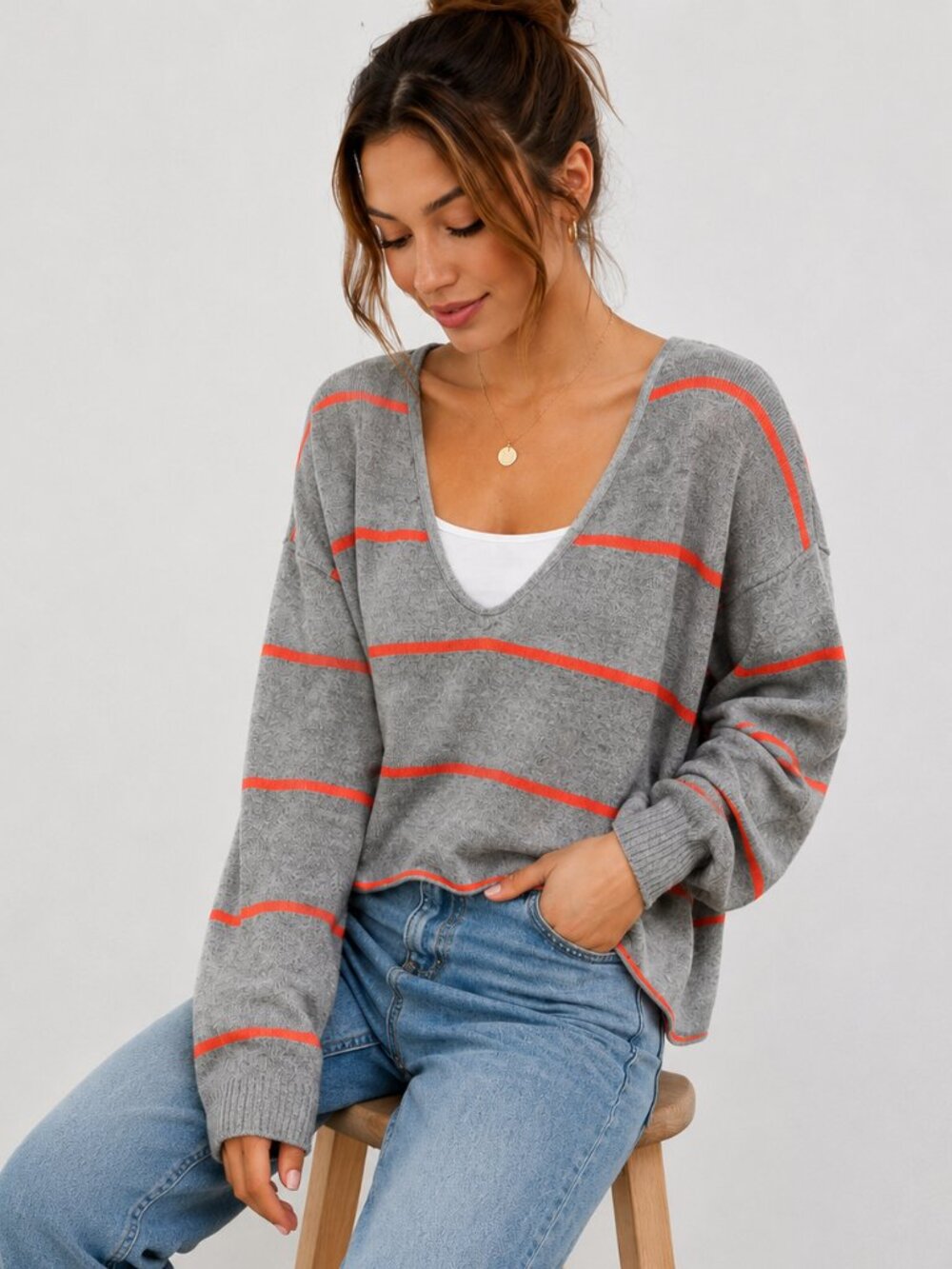 Free People Striped Deep V-Neck Cropped Pullover Sweater Small Boho